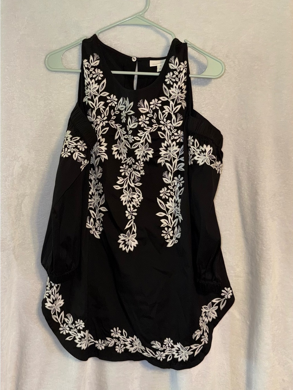 Charter Club Medium Black Cold-Shoulder Top Floral Embroidery
